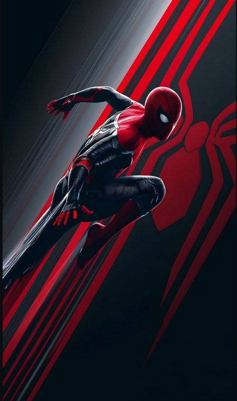 Dynamic Spider-Man in modern red and black suit mid-leap against a dark streaked background with ...