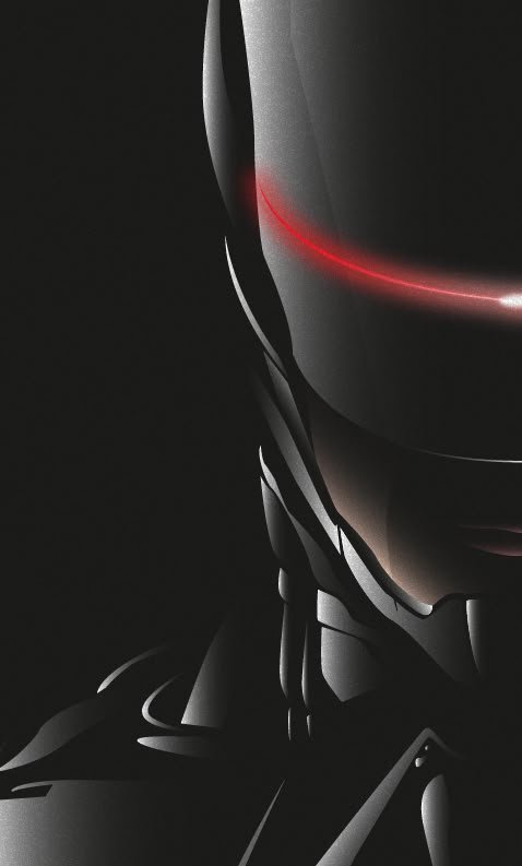 Close-up partial view of sleek metallic cyborg helmet with glowing red horizontal visor line agai...