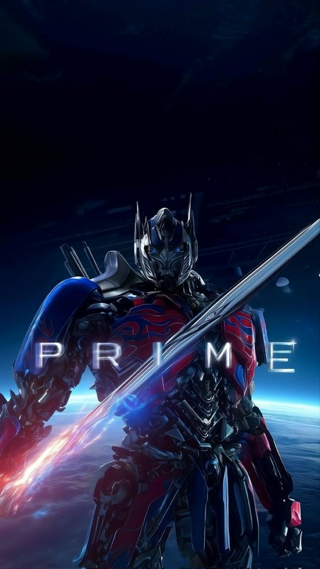 Optimus Prime Autobot leader holds an energon sword in orbit above Earth, glowing "PRIME" text ov...