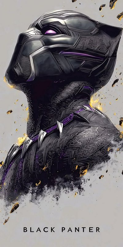 Stylized illustrated portrait of Black Panther in his vibranium armored suit, with purple accents...