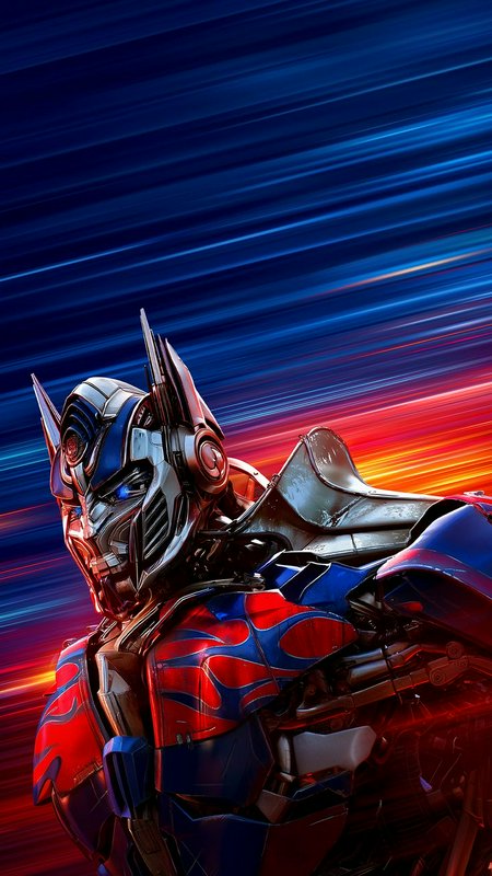 Close-up portrait of Optimus Prime from Transformers against vibrant streaking blue and red speed line background