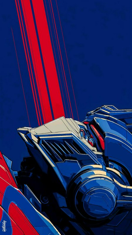 Cropped stylized illustration of Optimus Prime Transformer robot, bold red speed lines on deep na...