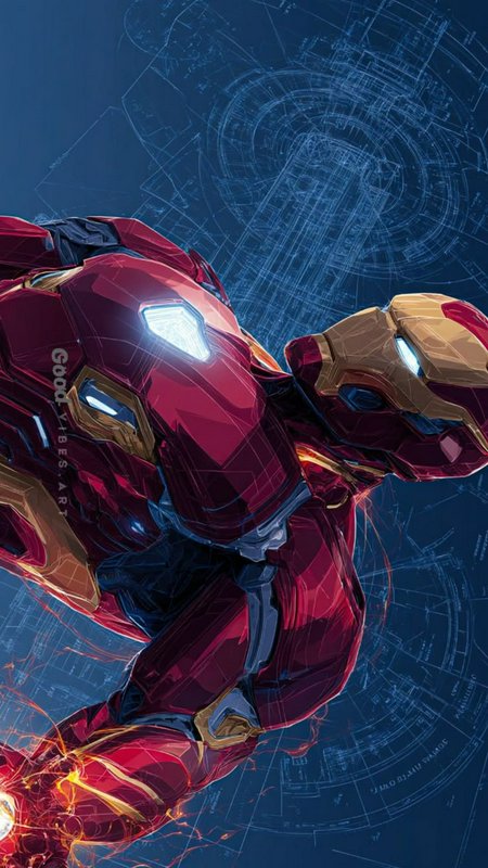 Dynamic stylized illustration of Iron Man mid-flight, glowing red and gold armor, against a schem...