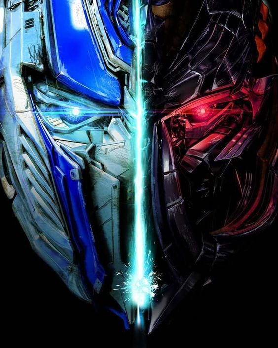 Split close-up illustration of Optimus Prime and Megatron facing off, divided by a glowing cyan e...