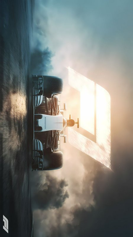 Front view of Formula 1 race car on wet race track, backlit by glowing F1 logo against moody clou...