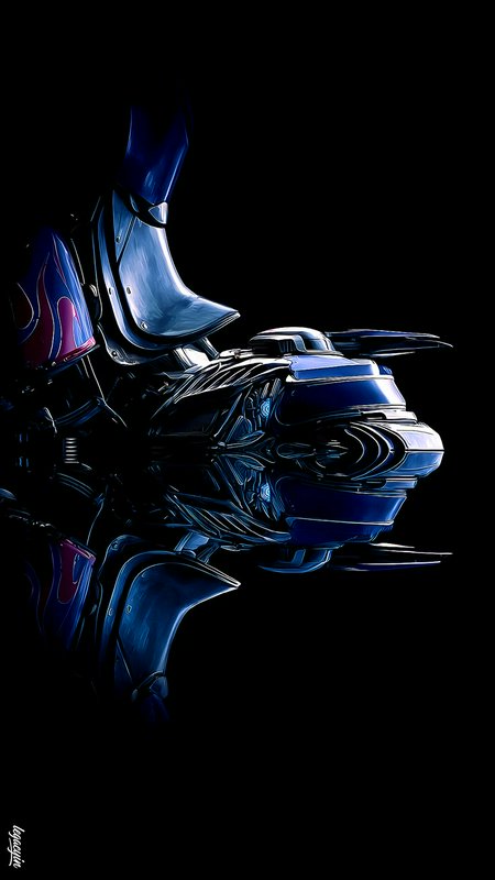 Partial close-up of Optimus Prime's glossy blue robotic armor, with a crisp mirror reflection aga...