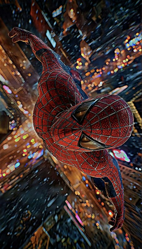 Spider-Man mid free-fall, glistening red webbed suit, against blurred glowing rainy New York nigh...