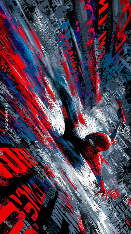 Dynamic stylized illustration of Spider-Man mid-swing, set against a streaky typographic red, blu...