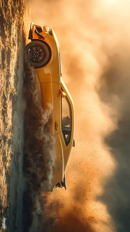 Vertical shot of golden yellow sports car climbing a rocky cliff, kicking up dust in warm golden ...