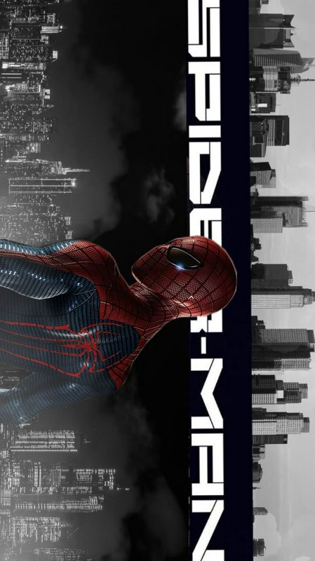 Spider-Man in iconic red and blue suit against split dual-tone NYC skyline with vertical SPIDER-M...