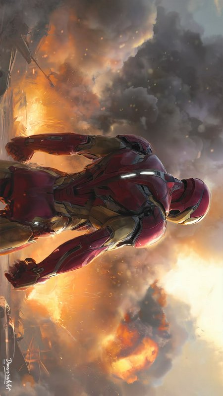 Iron Man in red and gold armored suit flies mid-air against a backdrop of blazing battle explosio...