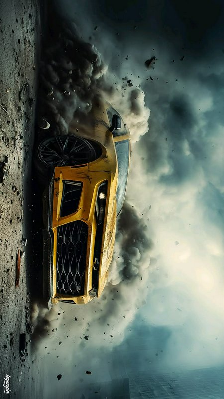 Damaged yellow sports car engulfed in explosion smoke with flying debris against a stormy moody sky