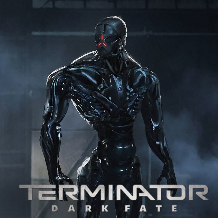 Menacing glossy black Rev-9 Terminator robot stands in a smoky industrial setting, Terminator Dar...