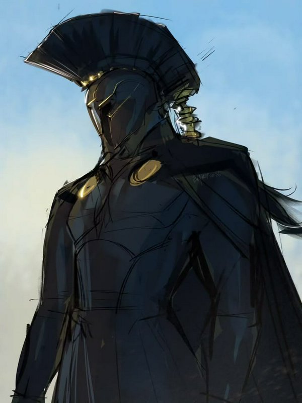 Low angle concept sketch of a dark armored spartan-style fantasy warrior with gold details agains...