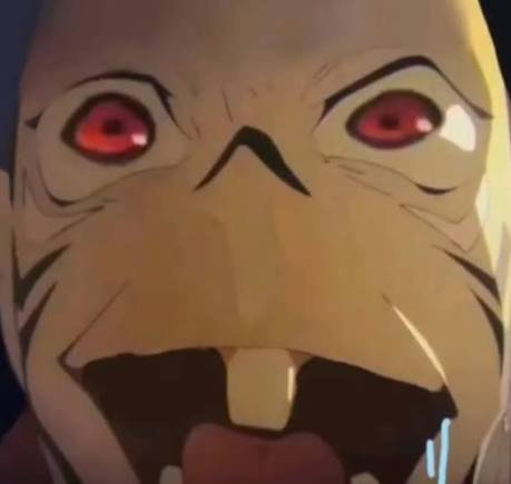 Extreme close up of a distorted shocked Naruto Uzumaki anime meme face with wide red eyes, open m...