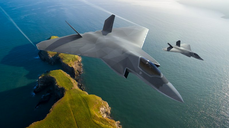 Two angular futuristic stealth fighter jets fly in formation above grassy coastal cliffs and sunl...