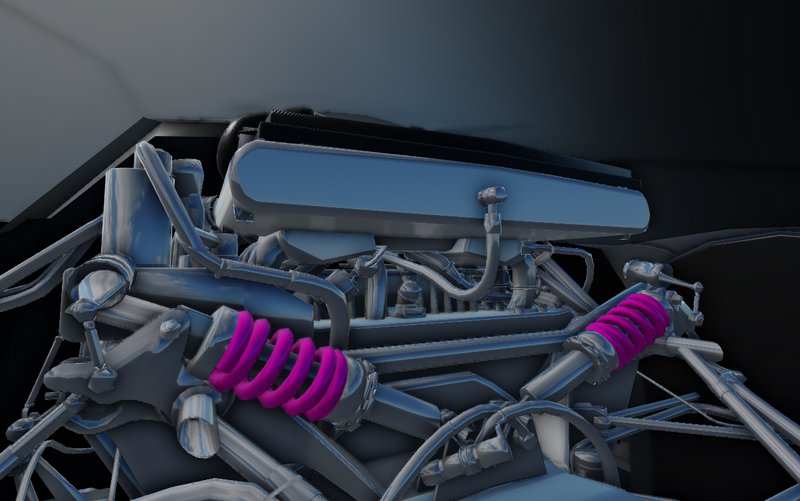 Close-up 3D render of race car engine and suspension with bright magenta coilover shock springs