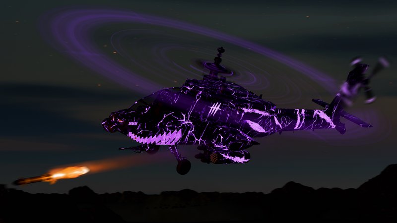 Custom purple lightning attack helicopter firing a missile above dark mountain night sky