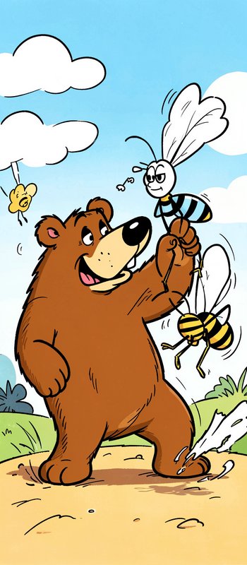 Cheerful cartoon brown bear holds a friendly anthropomorphic bee as other flying insects hover ne...