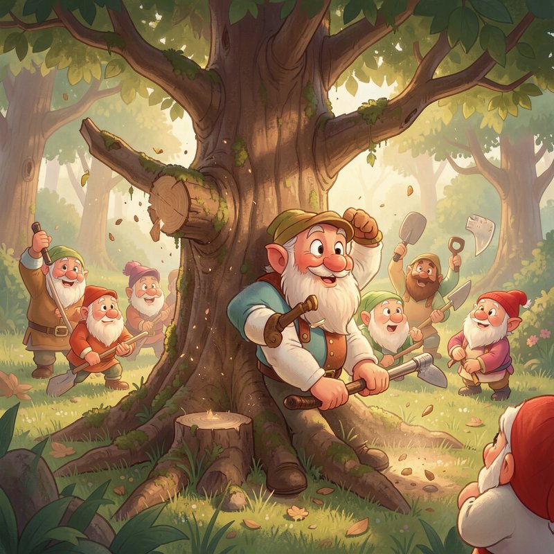 Cheerful bearded fantasy dwarves gather around a giant tree to work in a sunlit enchanted forest