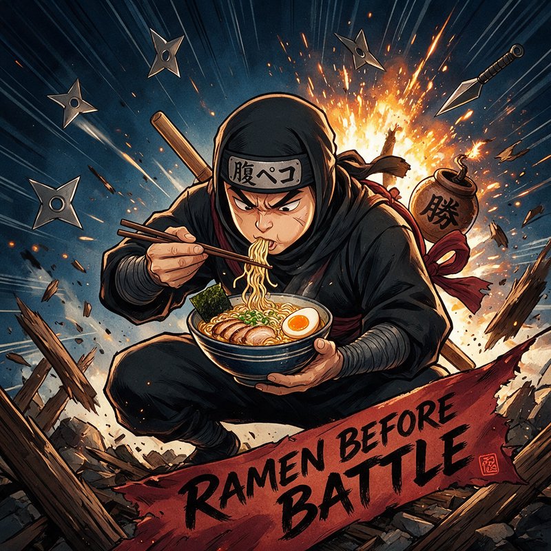 Crouching anime ninja eats ramen mid-battle, with flying shuriken, explosions, and "Ramen Before ...