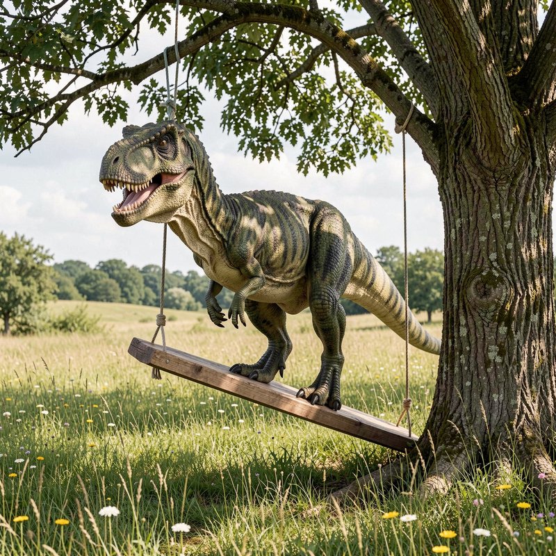 Tyrannosaurus rex standing on a wooden rope swing hanging from an oak tree in a sunlit wildflower...