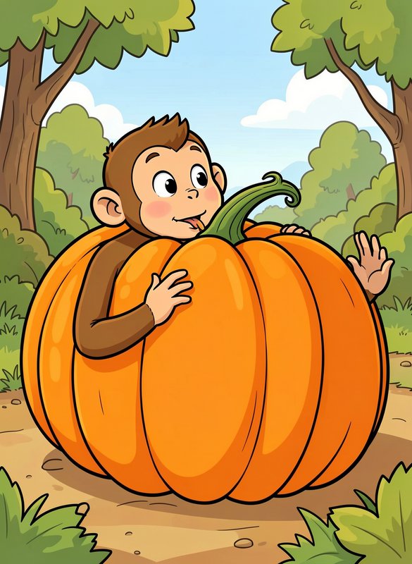 Playful cartoon monkey peeking out from inside a giant orange pumpkin in a sunny forest clearing