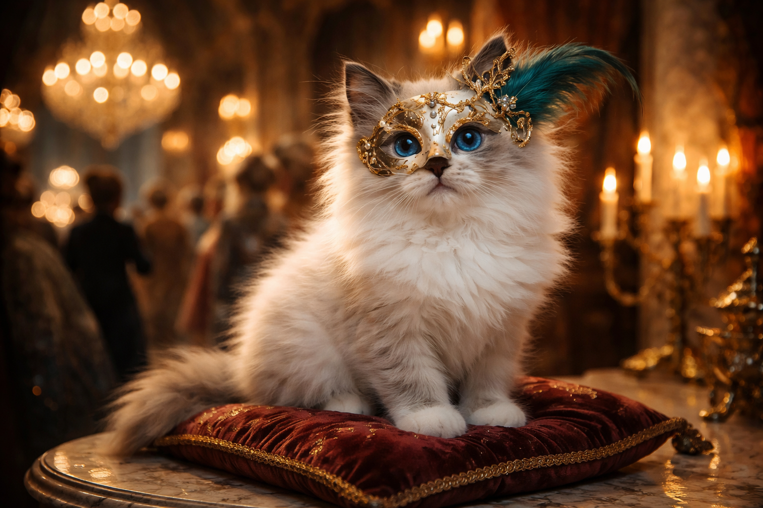 Fluffy white kitten wearing an ornate gold masquerade mask with a blue feather, on a red velvet cushion.