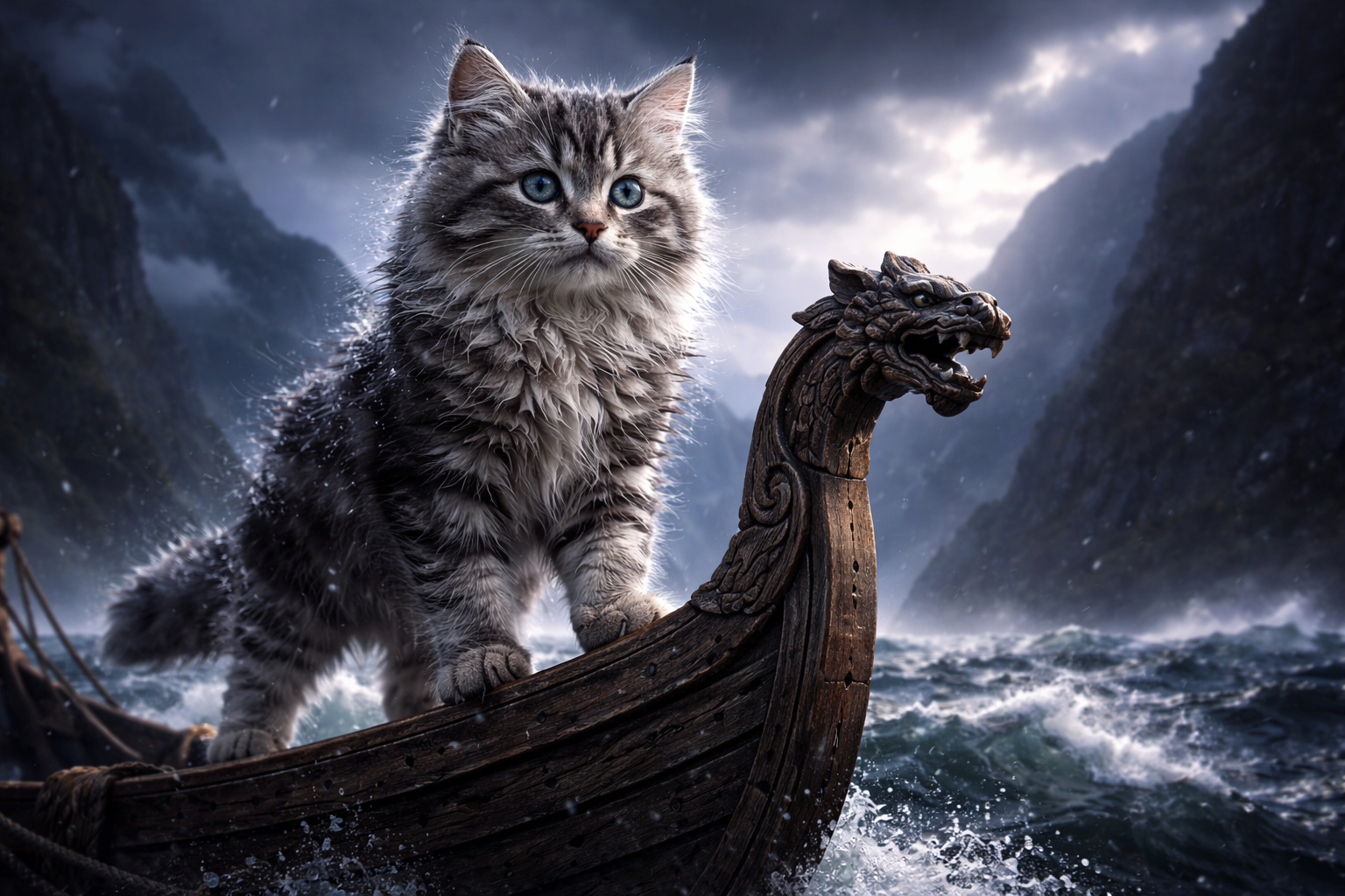 Fluffy tabby kitten standing on the carved dragon-head prow of a Viking ship in rough seas.