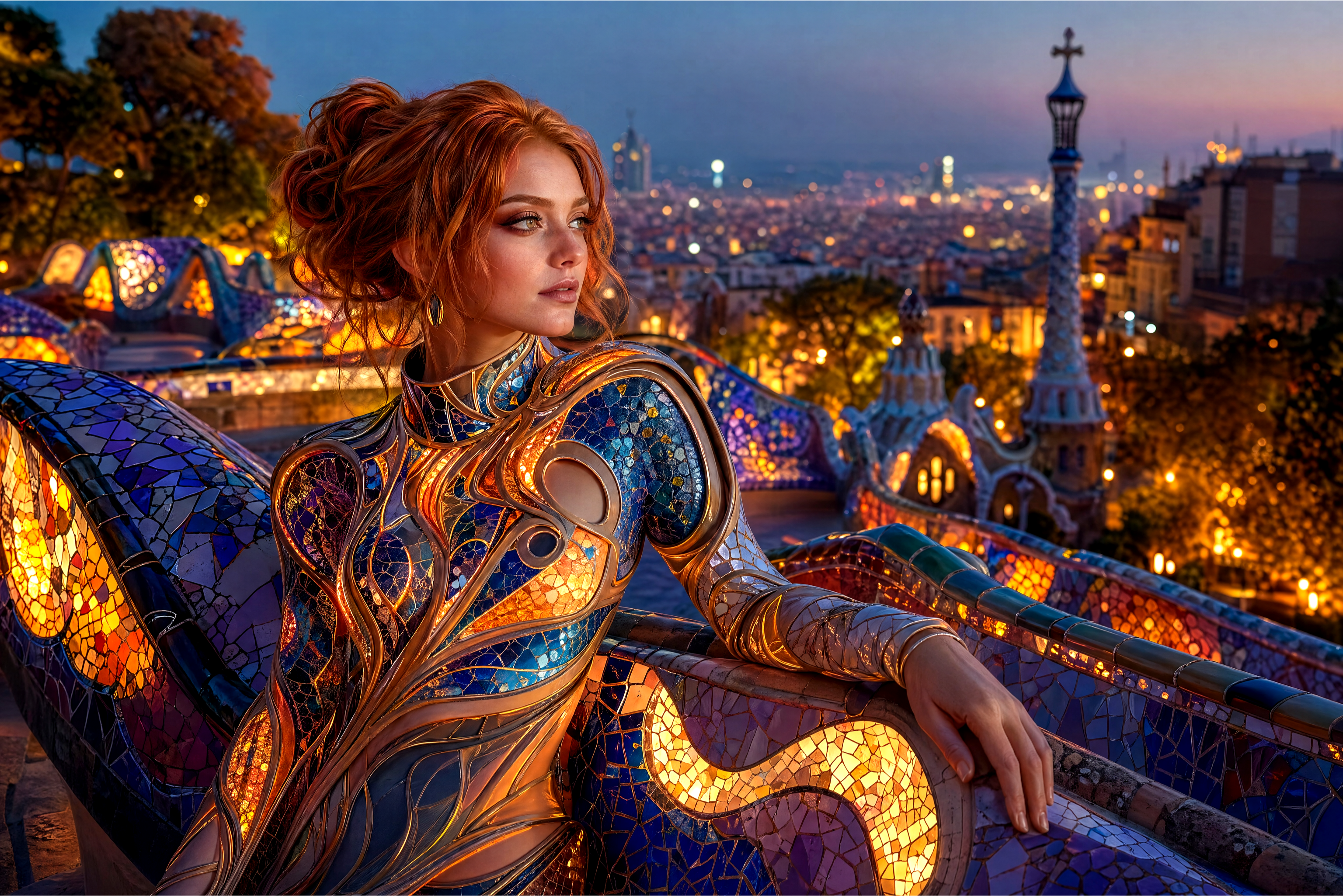 Woman in intricate metallic mosaic armor sits on colorful Gaudí mosaic bench overlooking Barcelona at dusk
