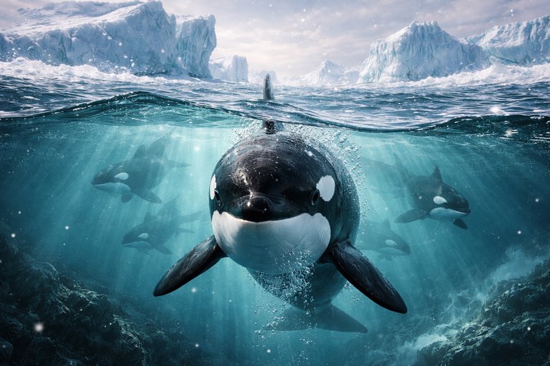 Underwater view of a killer whale (orca) swimming toward the camera with icebergs in the background.