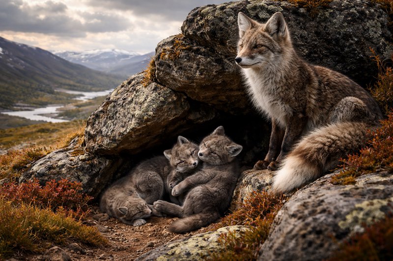 Adult red fox with two kits resting on a rocky outcrop in a mountainous landscape.