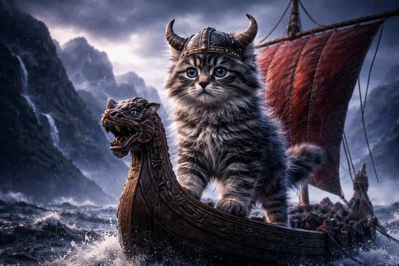 Cute kitten wearing a horned Viking helmet on a dragon-boat amid stormy seas