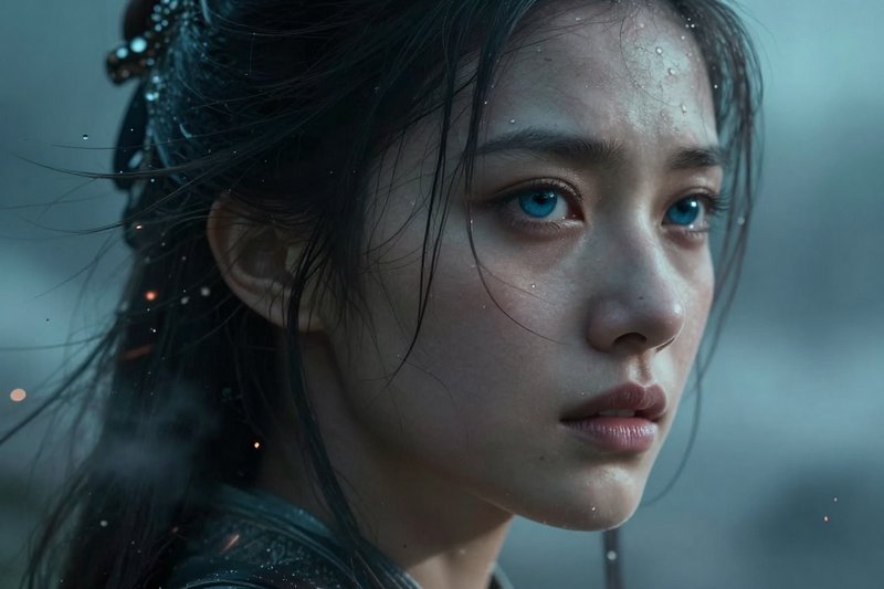 Close-up of a young woman with striking blue eyes, wet hair, and raindrops on her face.