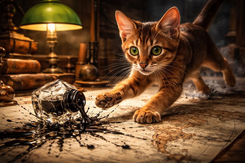 Curious tabby cat lunges toward a spilled ink bottle on an antique map-covered desk