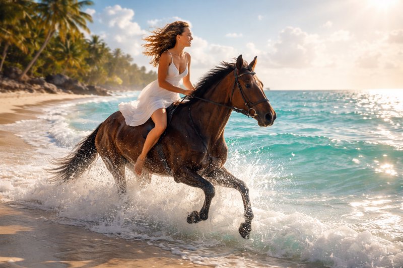 Woman riding a brown horse along a sunlit tropical beach with waves splashing.