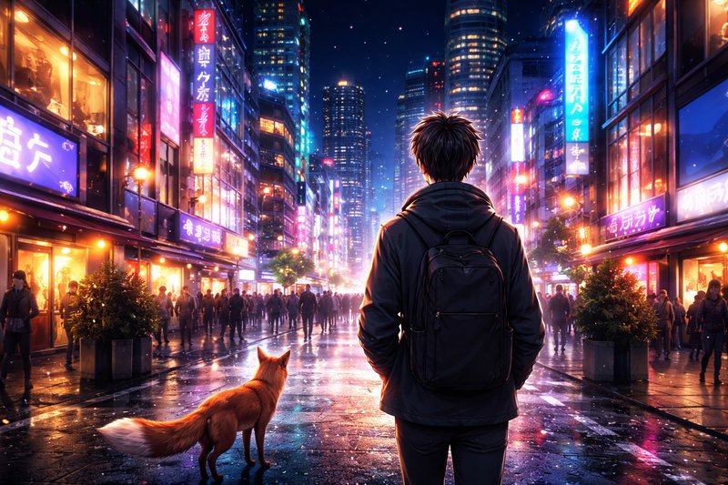 Young man with backpack stands in a neon-lit city street at night, accompanied by a fox.