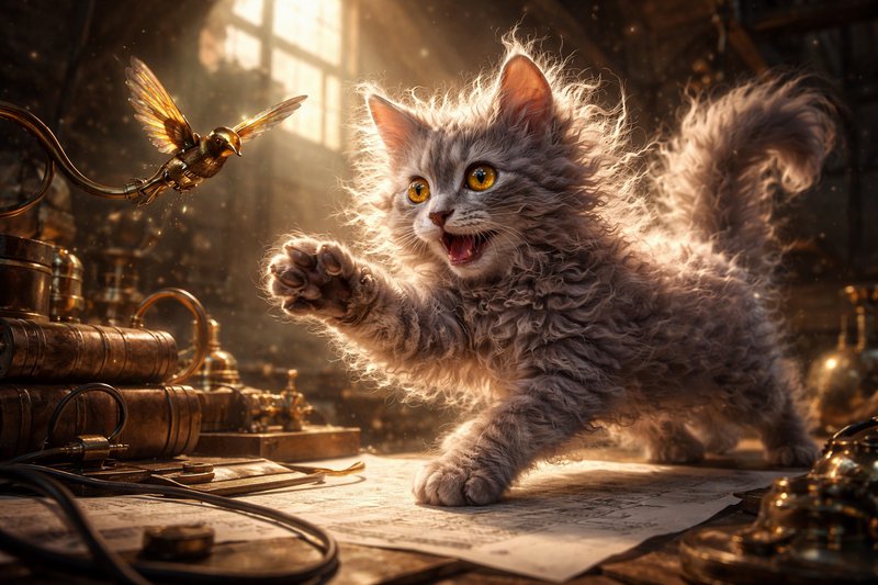 Fluffy gray kitten swats at a hovering hummingbird in a warm brass-steampunk workshop.