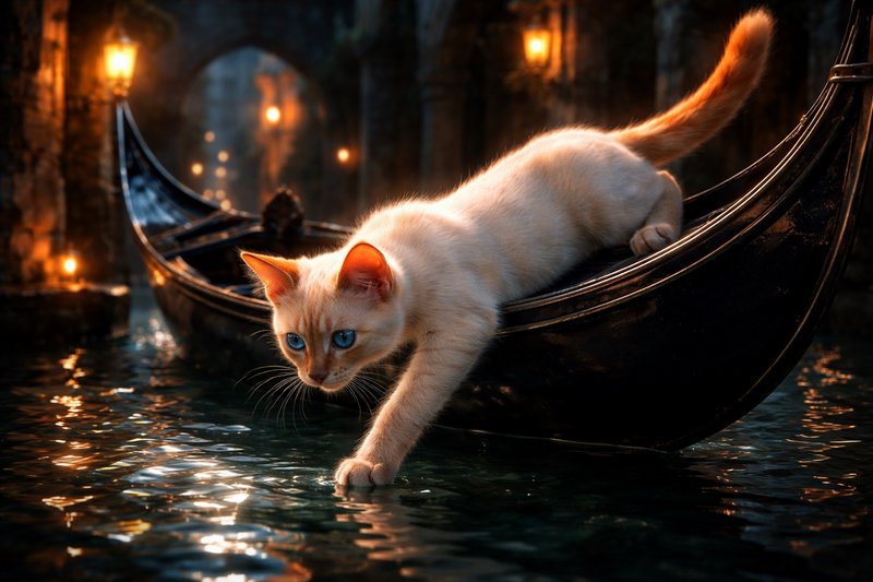 Cream-colored kitten with blue eyes balances on a gondola, dipping a paw into water.