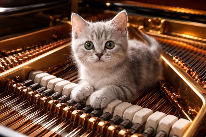 Adorable gray kitten lounging inside an open piano, paws on the keys.