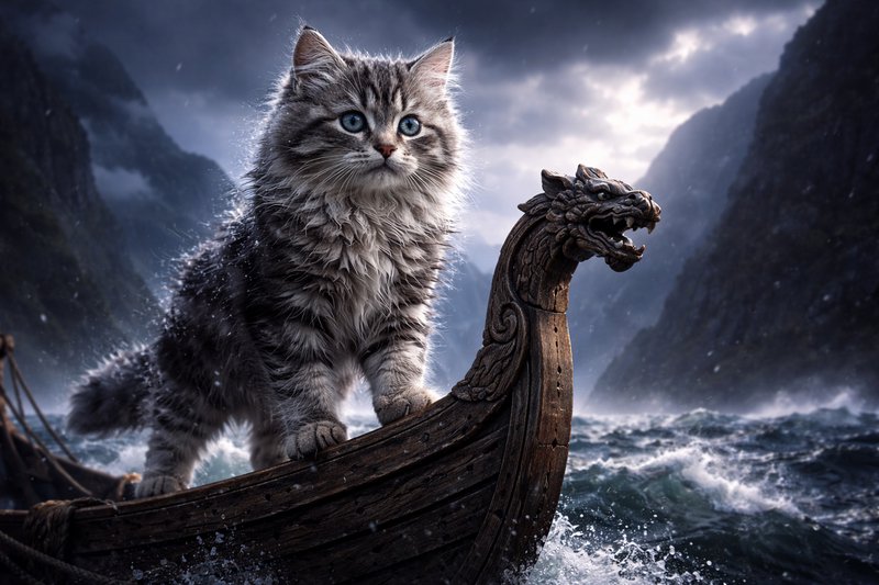 Fluffy tabby kitten standing on the carved dragon-head prow of a Viking ship in rough seas.