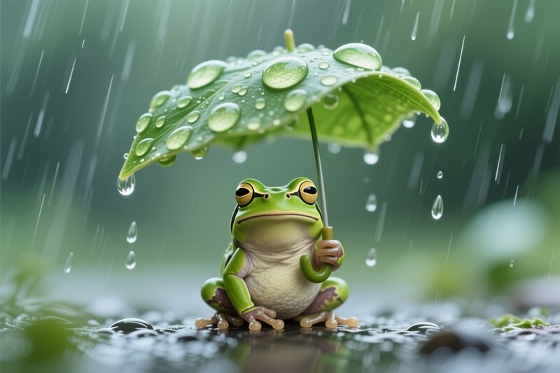 Green frog under a leaf acting as an umbrella in a rainy scene.
