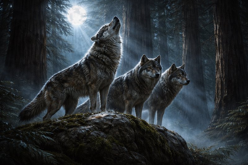 Three wolves howling on a mossy rock under moonlight in a dense forest.