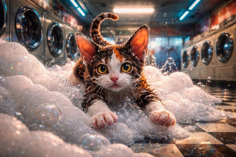 Adorable calico kitten playing in soapy bubbles on the checkered laundromat floor.