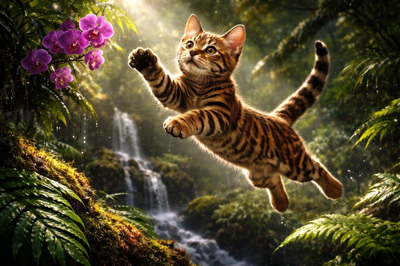 Playful tiger cub leaping in a lush jungle beside a waterfall and purple orchids.