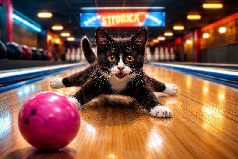 Adorable black-and-white kitten at a bowling lane with a pink bowling ball