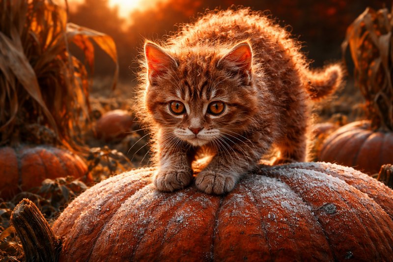 Adorable orange tabby kitten perched on a large pumpkin in a autumn pumpkin patch at sunset.