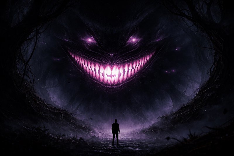 Silhouetted man faces a colossal, glowing purple-toothed monster looming in a dark forest.