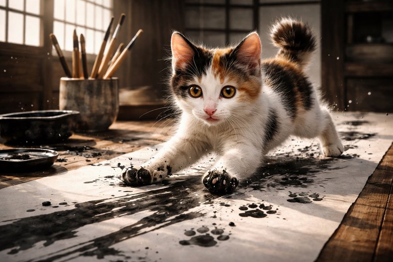 Calico kitten playing with ink on a paper-covered floor in an art studio.