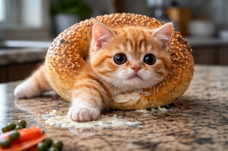 Adorable orange tabby kitten with a sesame seed bagel around its head on a kitchen counter.